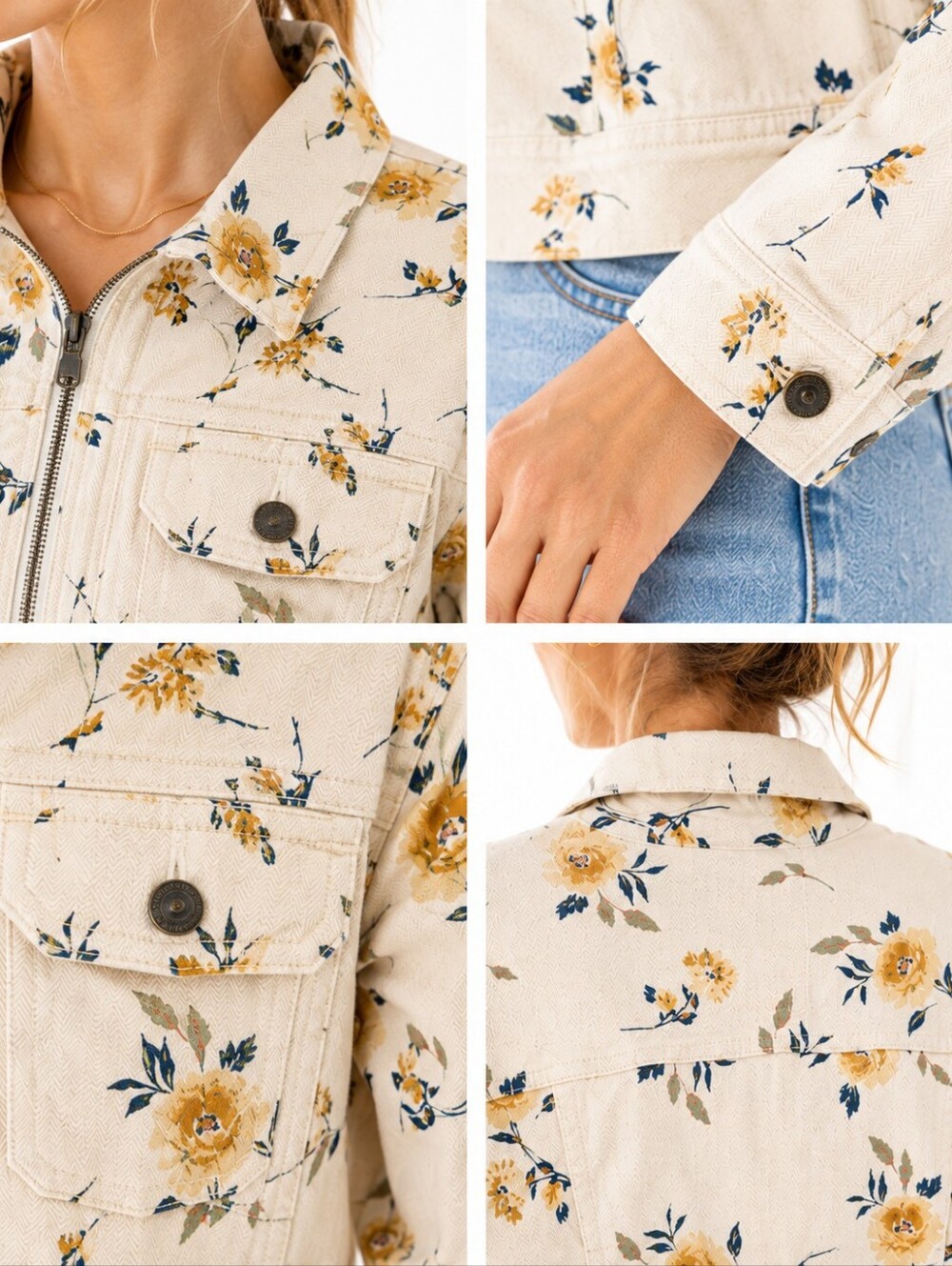 Sonoma Floral Denim Jacket Women’s Medium Cream Cottagecore Zip Front - Picture 4 of 12